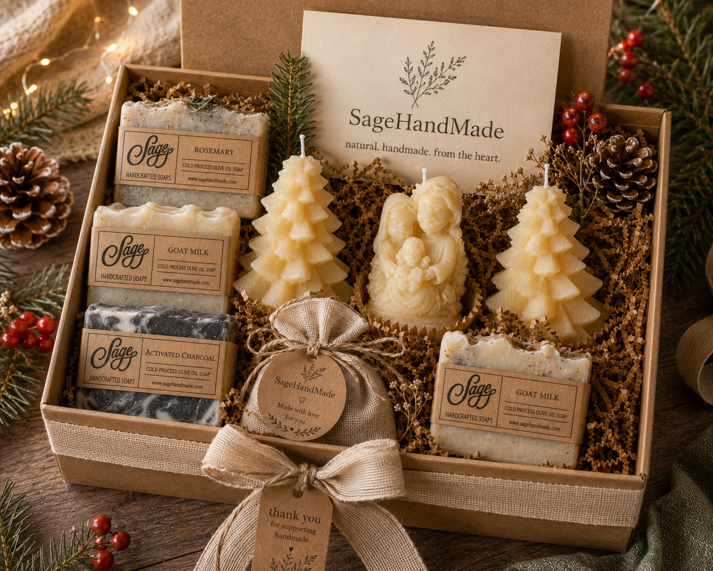 Open Sage Handmade gift box with soaps and beeswax candles